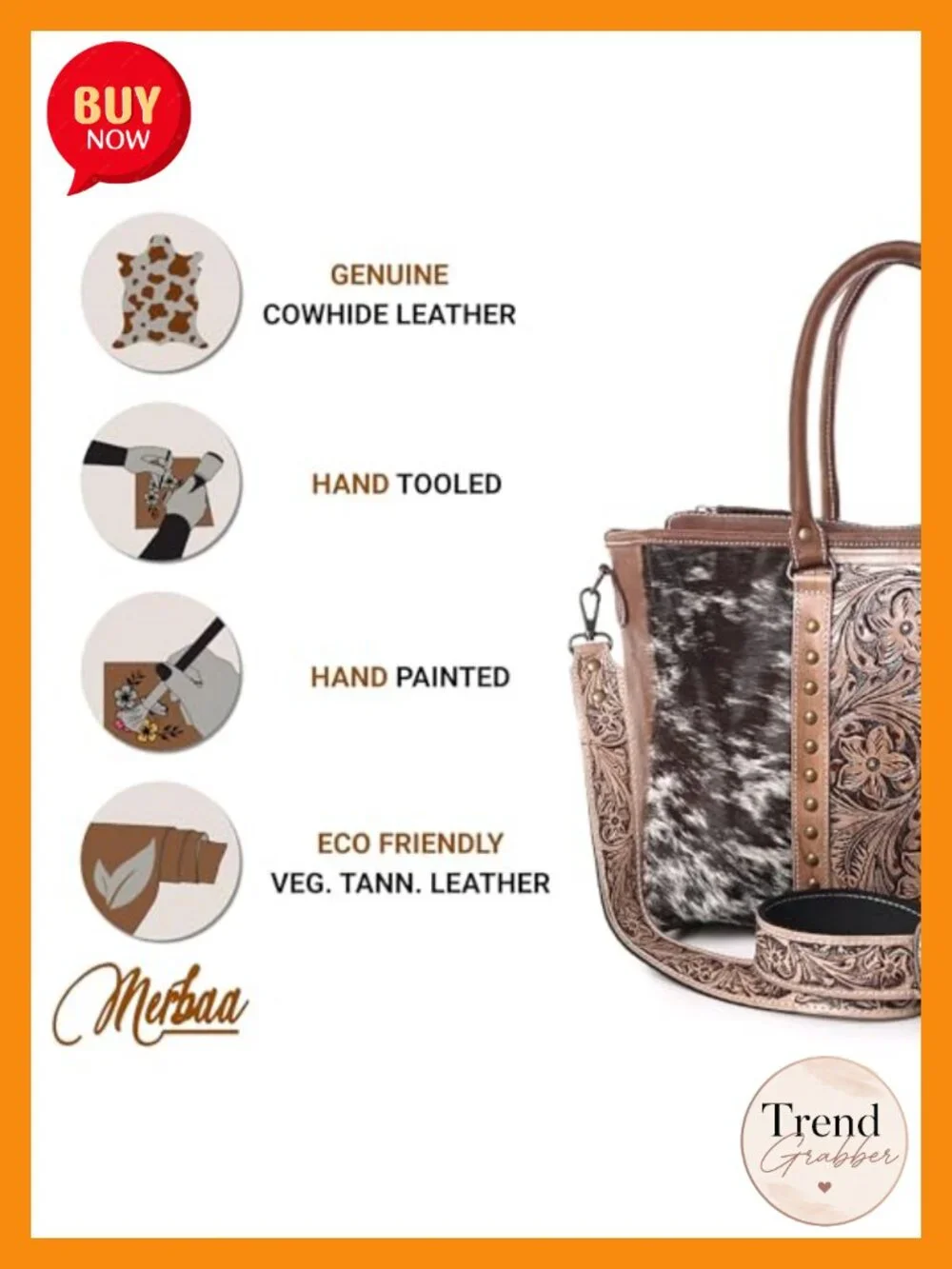 Vintage Cowhide Leather Tote Bag with Adjustable Strap